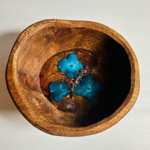 Wooden Bowl with Resin & Blue Floral Accents